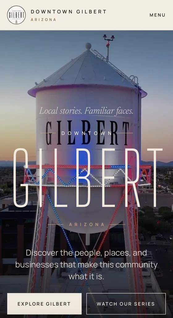 Downtown Gilbert homepage on a phone, the water tower behind the Gilbert wordmark